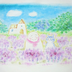 ✻【原画】光あふれ風そよぐ、ラベンダー畑 / ポテとゆきだるまん no.178 水彩画　2021.08.05～ 1枚目の画像