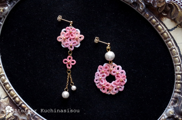 梭織蕾絲繡球花棉質珍珠不對稱耳環（粉紅色） 第10張的照片