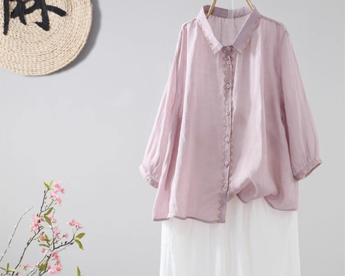 受注制作】 夏.七分袖シャツ.刺繍リネン.ゆったりブラウス 多色