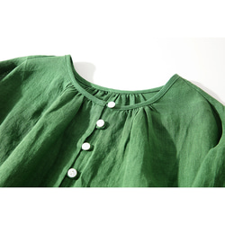 リネンワンピース　涼しいいグリーンワンピース　半袖丸襟ワンピース　貝ボタン　ウエストに紐　S-Lサイズ　L239　 3枚目の画像