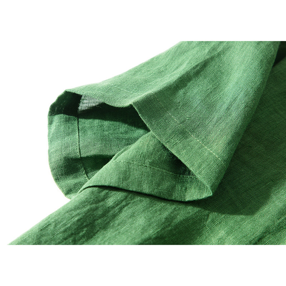 リネンワンピース　涼しいいグリーンワンピース　半袖丸襟ワンピース　貝ボタン　ウエストに紐　S-Lサイズ　L239　 5枚目の画像