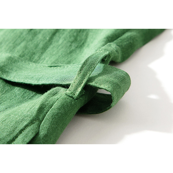 リネンワンピース　涼しいいグリーンワンピース　半袖丸襟ワンピース　貝ボタン　ウエストに紐　S-Lサイズ　L239　 6枚目の画像