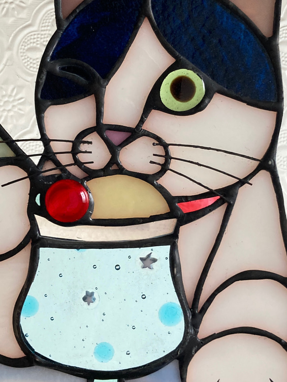 ハチワレ猫とクリームソーダ　ステンドグラス 2枚目の画像