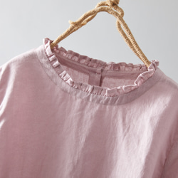 搶眼可愛的亞麻襯衫，荷葉邊領口。可前後穿。粉紅色. 230609-2 第3張的照片