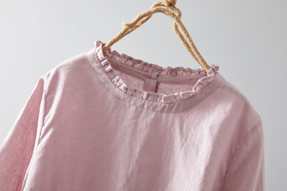 醒目可愛的荷葉邊亞麻襯衫，可前後穿，兩用襯衫，粉紅色 230609-2 第3張的照片