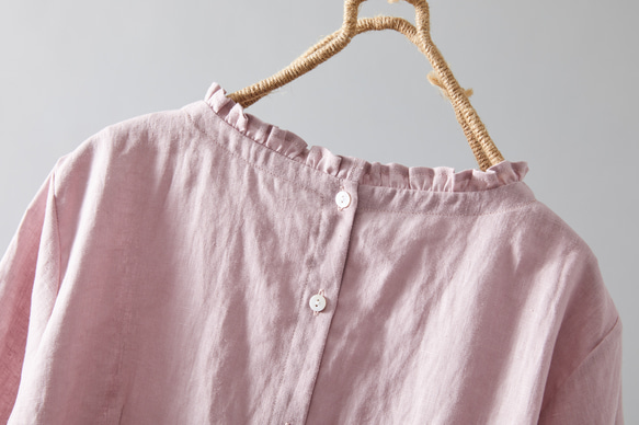 醒目可愛的荷葉邊亞麻襯衫，可前後穿，兩用襯衫，粉紅色 230609-2 第8張的照片