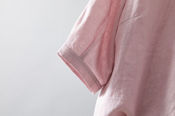 搶眼可愛的亞麻襯衫，荷葉邊領口。可前後穿。粉紅色. 230609-2 第6張的照片