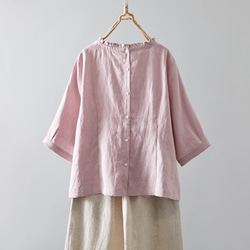 醒目可愛的荷葉邊亞麻襯衫，可前後穿，兩用襯衫，粉紅色 230609-2 第2張的照片