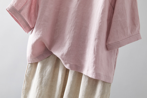 搶眼可愛的亞麻襯衫，荷葉邊領口。可前後穿。粉紅色. 230609-2 第5張的照片