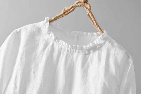 醒目可愛的荷葉邊亞麻襯衫，可前後穿，兩穿襯衫，白色 230609-1 第2張的照片