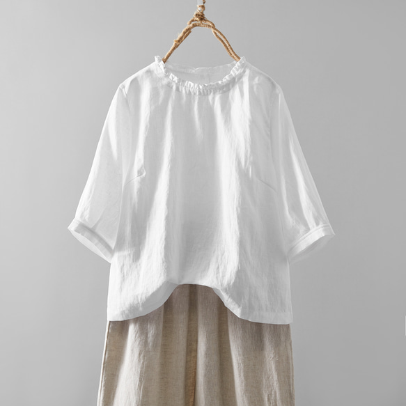 醒目可愛的荷葉邊亞麻襯衫，可前後穿，兩穿襯衫，白色 230609-1 第1張的照片