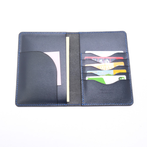 本革 パスポート・お薬手帳・通帳ケースst 型押し革ネイビー②横縞模様  