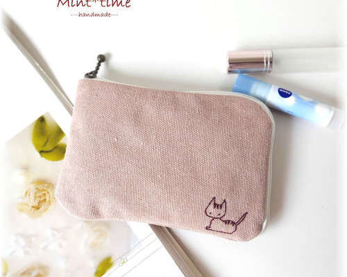 L字ファスナーポーチ 猫刺繍 横長 ポケット2つヴィンテージ風帆布 内側