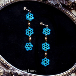 【訂做】梭織蕾絲花捷克珠耳環&lt;海洋藍&gt; 第6張的照片