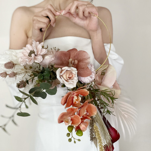 即納】テラコッタ×くすみピンク フープブーケ リースブーケ リング  