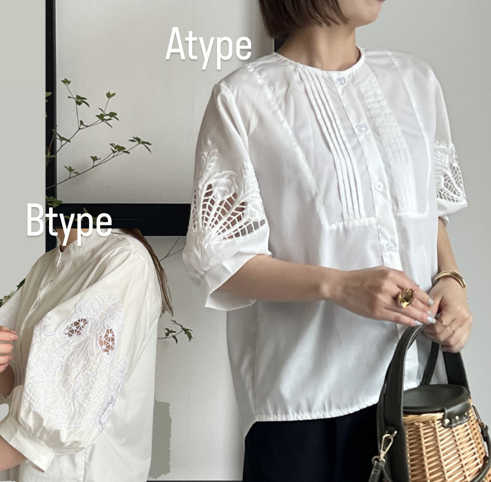 【再販】送０新作 レースのポワンが涼しげ夏トップス5分袖が安心なボタンダウントップス【レースポワン袖2色】