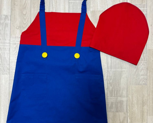 受注90〜140】2点セット 赤 青 重ね着スタイル エプロン 三角巾