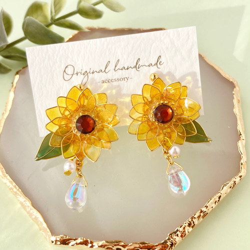 ひまわりと雫』 ピアス イヤリング ノンホールピアス 夏 フラワー 花 7