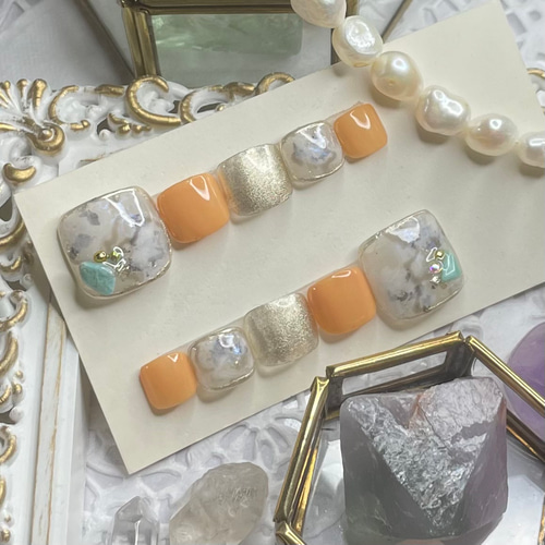 サイズオーダー♡ニュアンス大理石フットネイルチップ オレンジ size  