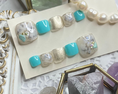 【314】オーダー❉ターコイズブルー 大理石 トルコ石 夏ネイル フットチップ 314】オーダー❉ターコイズブルー 大理石 トルコ石 夏ネイル