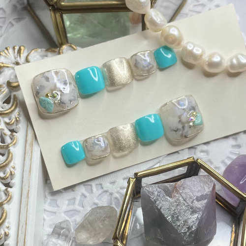 サイズオーダー♡ニュアンス大理石フットネイルチップ ターコイズ size