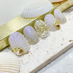 オーダーネイルチップNo.67 夏 海 キラキララメ 貝殻ヒトデパーツ