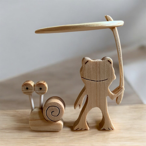 木製 月飾りオブジェ 6月カエルとカタツムリ～梅雨飾り 季節の