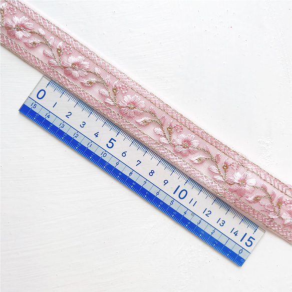 [ 388 ] ピンク 桜 花柄 幅:2.5cm インド刺繍 リボン 3枚目の画像