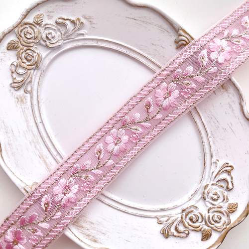 幅：2.5cm 】 インド刺繍 リボン サクラ 388 リボン・テープ インド