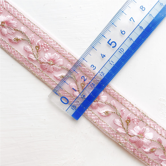[ 388 ] ピンク 桜 花柄 幅:2.5cm インド刺繍 リボン 4枚目の画像
