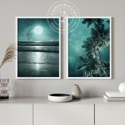 Ocean ムーンライト 月 ヤシの木 グリーン / インテリアポスター 海外アート 2枚セット / 4960 1枚目の画像
