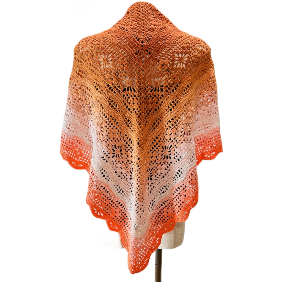 バレエショール（f013）／三角ショール　ストール　大判　オールシーズン コットン　グラデーション　ビビット　オレンジ