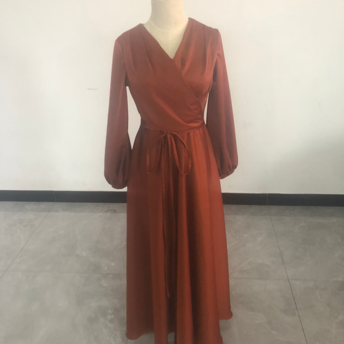 ワンピース テラコッタ色パーティードレス 長袖 パフスリーブ  
