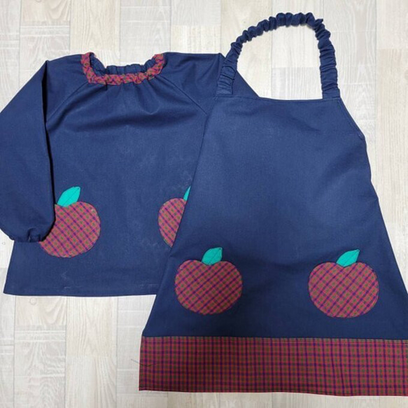 90〜大人size りんごポケット エプロン タータンチェック 三角巾追加 カラー選択可☆ 6枚目の画像