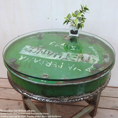 ドラム缶　ガラス　テーブル 一点物ドラム缶をリメイクしたテーブル 90cm ロング ガラステーブル