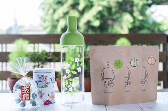 フィルターインボトル『グリーンティー』と日本茶、猫缶、茶飴のセット 1枚目の画像