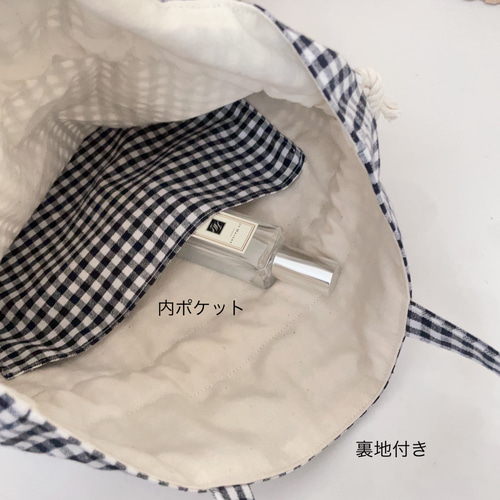 ギンガムチェック巾着バッグ(ベージュ) トートバッグ daisy__hm