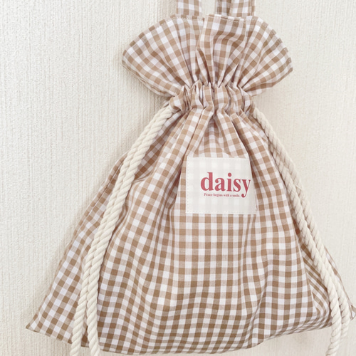 ギンガムチェック巾着バッグ(ベージュ) トートバッグ daisy__hm 通販