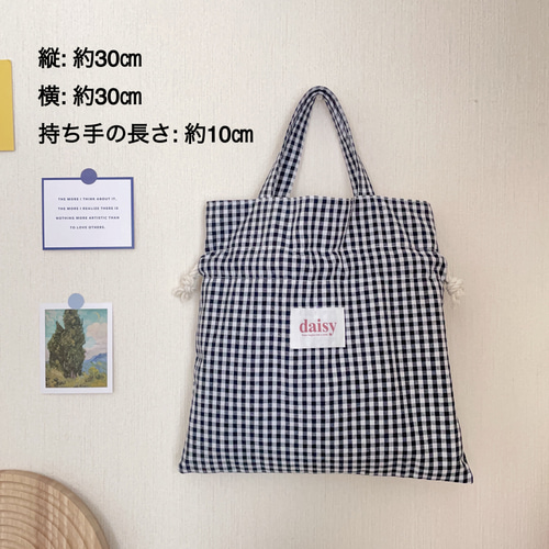 ギンガムチェック巾着バッグ(ブラック) トートバッグ daisy__hm 通販