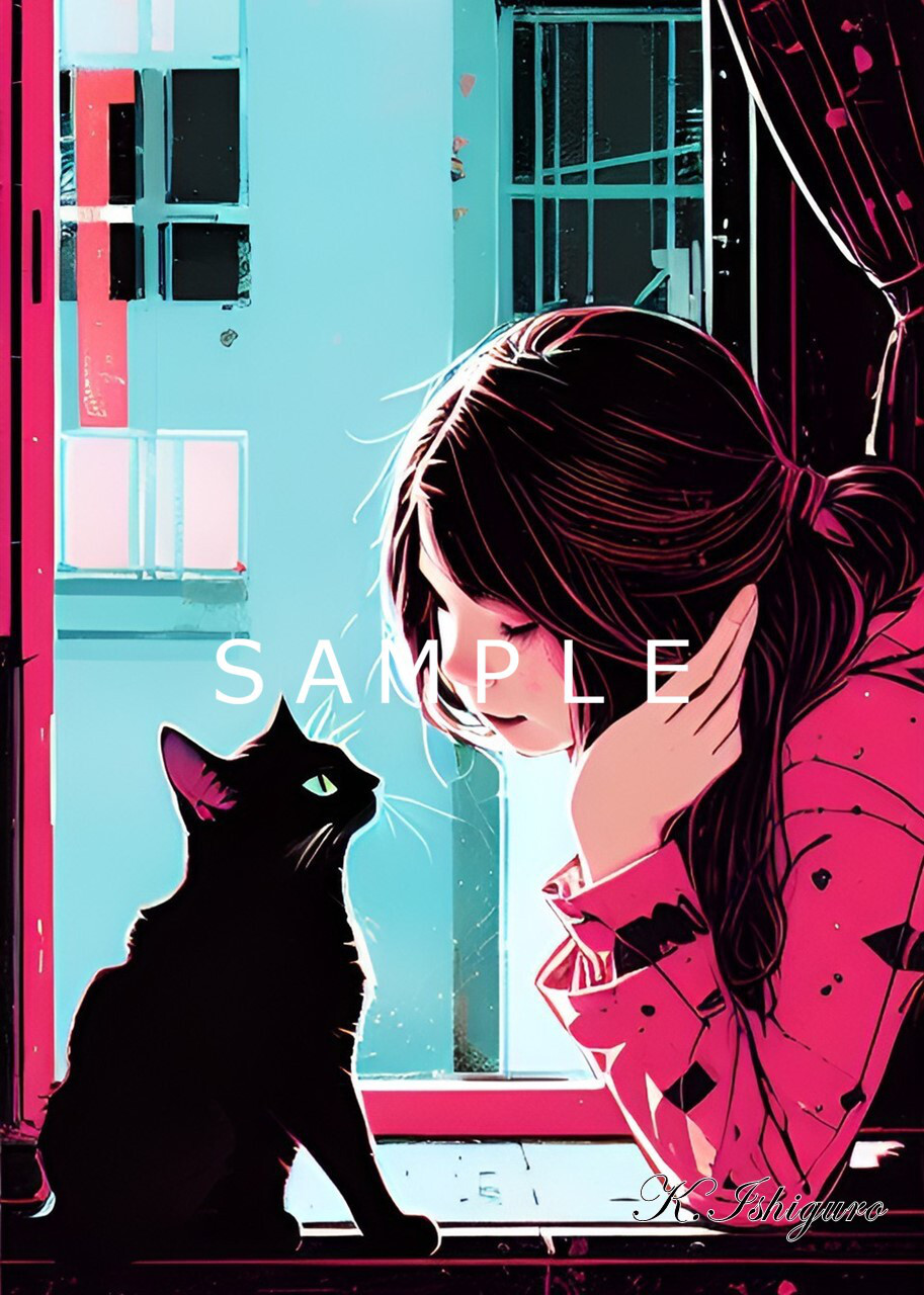 窓際の猫と少女(ほんわかイラスト)A4 №s-1521 イラスト