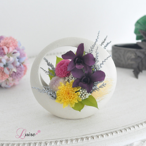 デンファレ、ぽんぽん菊の仏花、お供え花、お悔みに 和風 プリザーブド