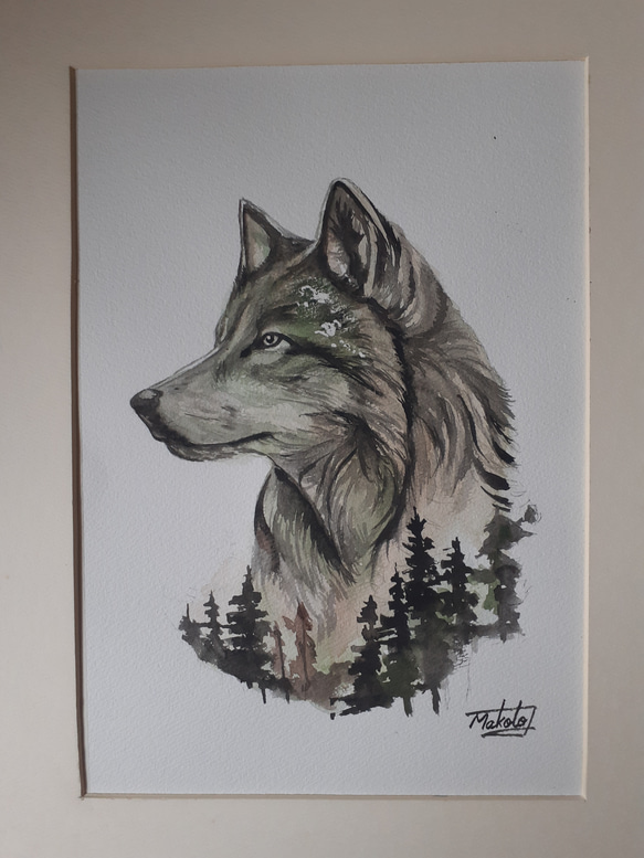 水彩画 森のオオカミ 絵画 makochin 通販 16058585｜Creema