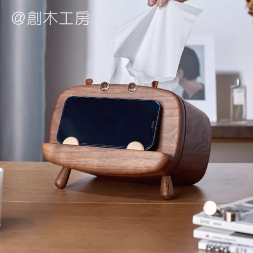 ウォルナット無垢材 2wayティッシュケース 動物 IPADスタンド スマホ