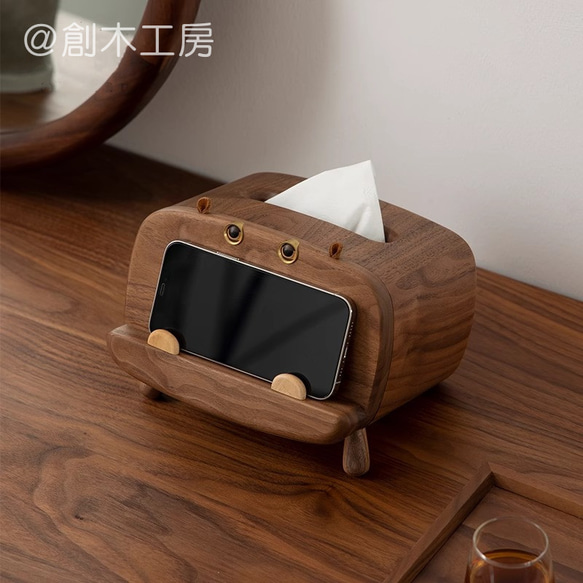ウォルナット無垢材 2wayティッシュケース 動物 IPADスタンド スマホ