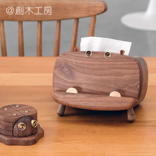 ウォルナット無垢材 2wayティッシュケース 動物 IPADスタンド スマホ