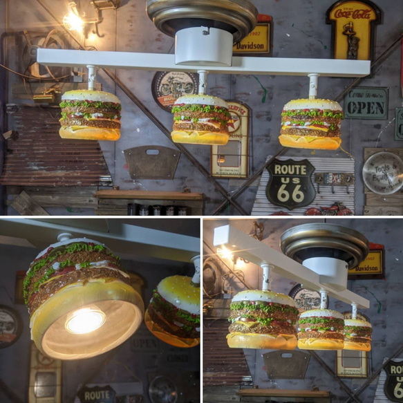 バーガーズカフェ シーリングライト  3連結式 天井照明   バーガーライト  #ハンバーガー #アメリカンダイナー 4枚目の画像