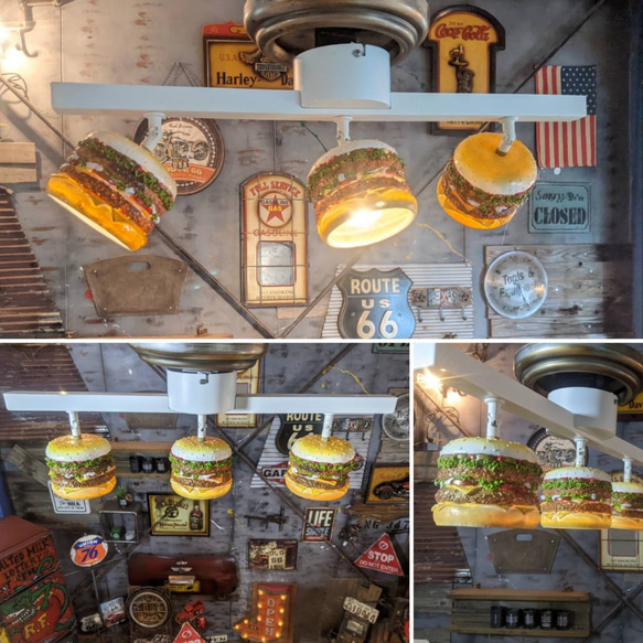 バーガーズカフェ シーリングライト  3連結式 天井照明   バーガーライト  #ハンバーガー #アメリカンダイナー 5枚目の画像