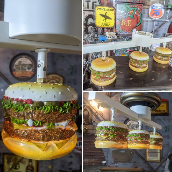 バーガーズカフェ シーリングライト  3連結式 天井照明   バーガーライト  #ハンバーガー #アメリカンダイナー 6枚目の画像