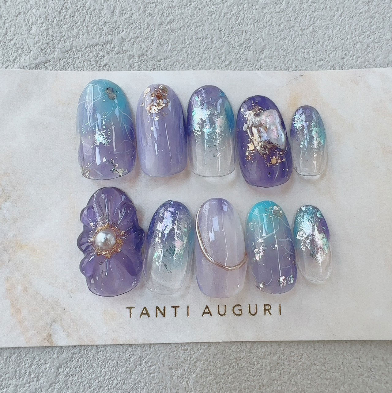 ネイルチップ 緑 ニュアンス 花 フラワー フルオーダーネイル オーダーネイル ニュアンス あじさい ネイルチップ 紫色 ぷっくりフラワー 3D