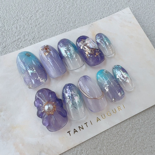 ネイルチップ紫陽花梅雨3Dてるてる坊主ニュアンスオーロラ985 ネイル